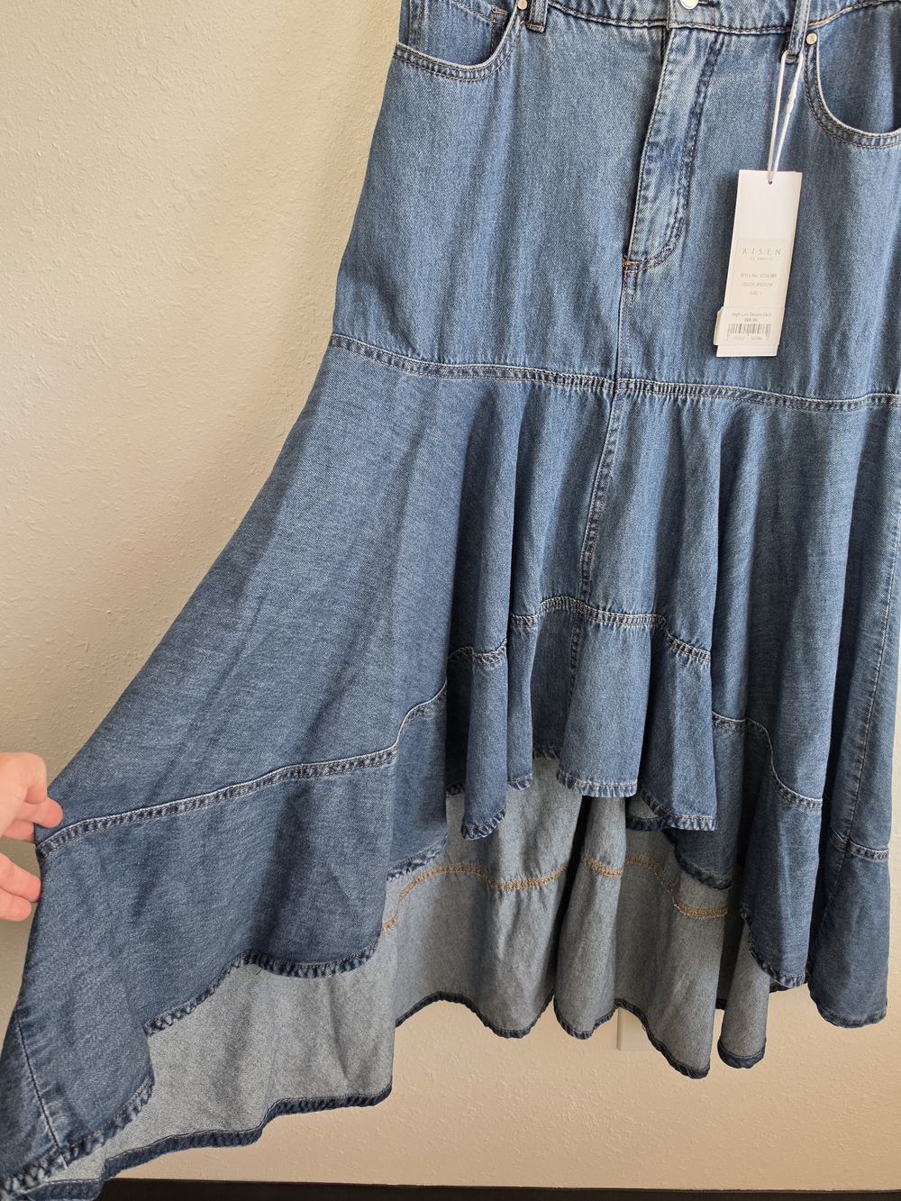Risen NWT RDS6280 High Low Denim Maxi Skirt Size L Tiered Ruffle - Picture 6 of 7